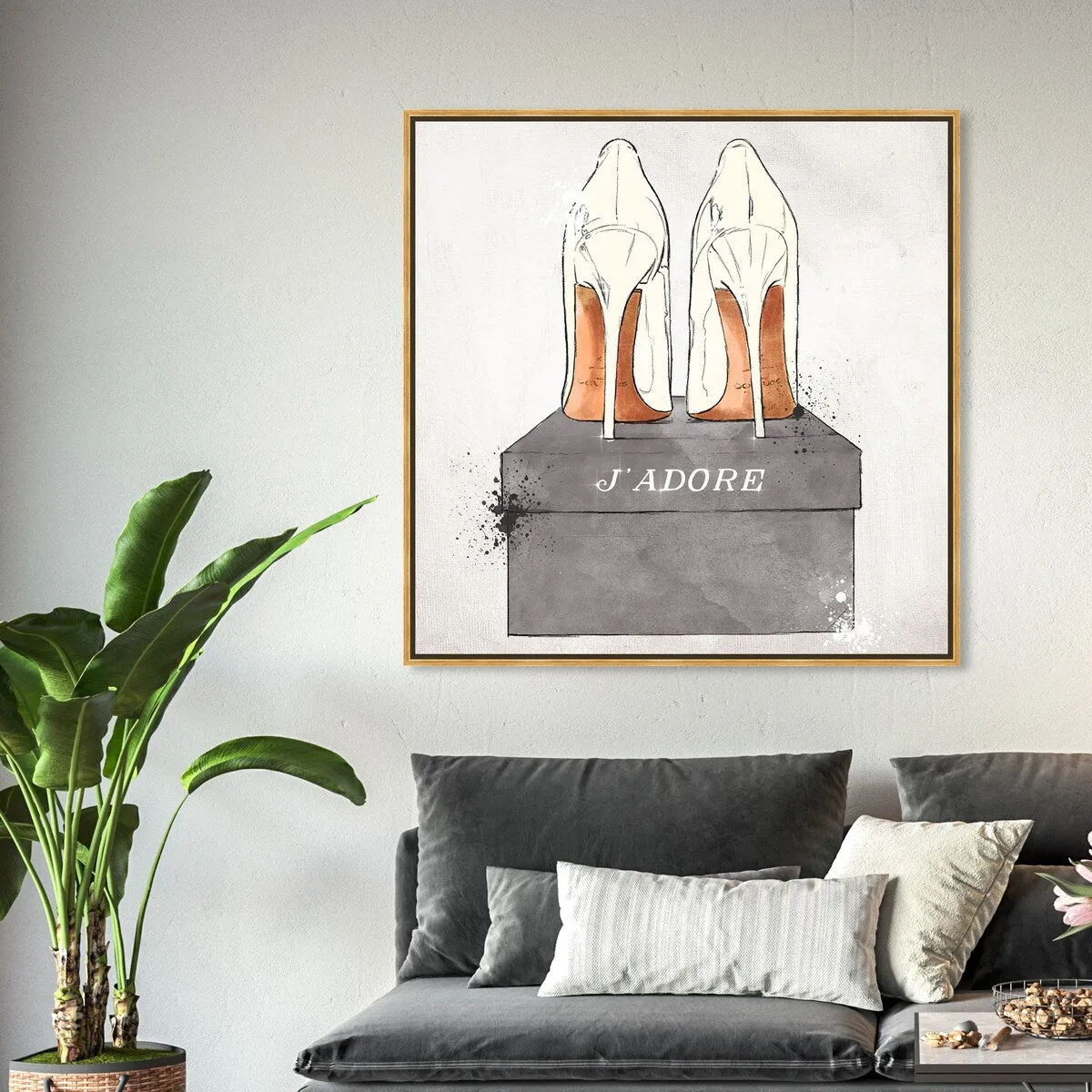 "J'Adore Shoes", Glam French Stilettos Modern White Framed Canvas Wall Art Print for Bedroom