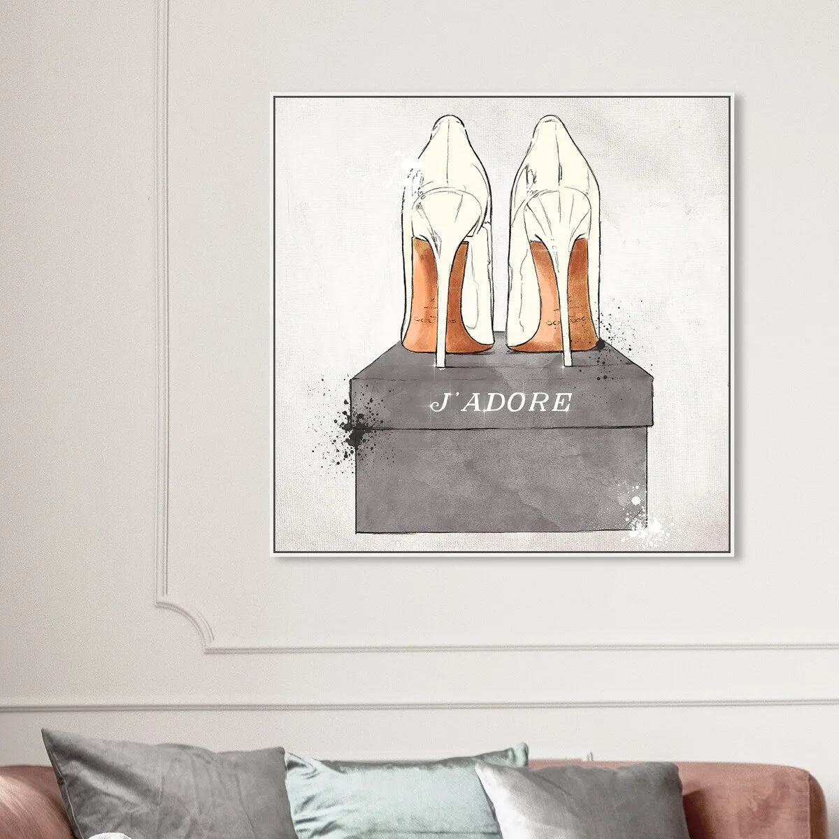 "J'Adore Shoes", Glam French Stilettos Modern White Framed Canvas Wall Art Print for Bedroom