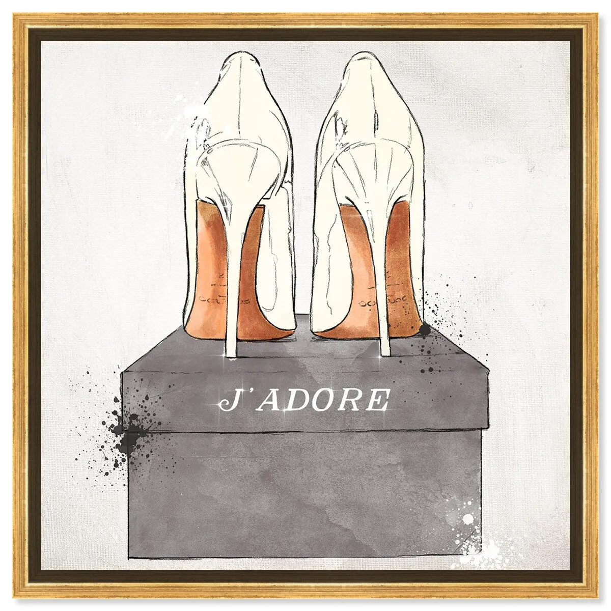 "J'Adore Shoes", Glam French Stilettos Modern White Framed Canvas Wall Art Print for Bedroom