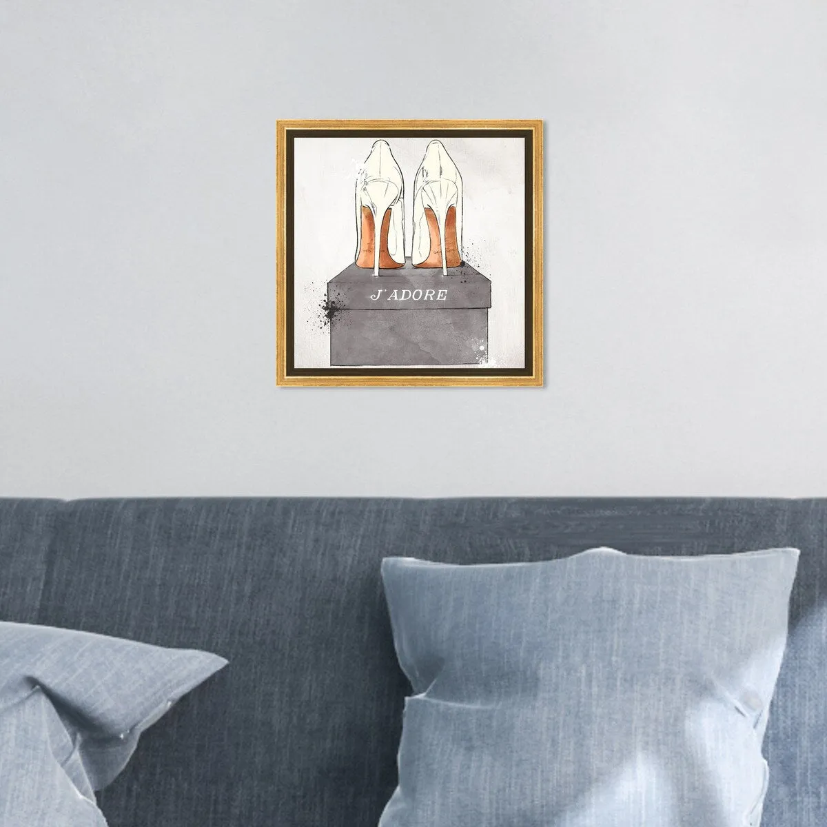 "J'Adore Shoes", Glam French Stilettos Modern White Framed Canvas Wall Art Print for Bedroom