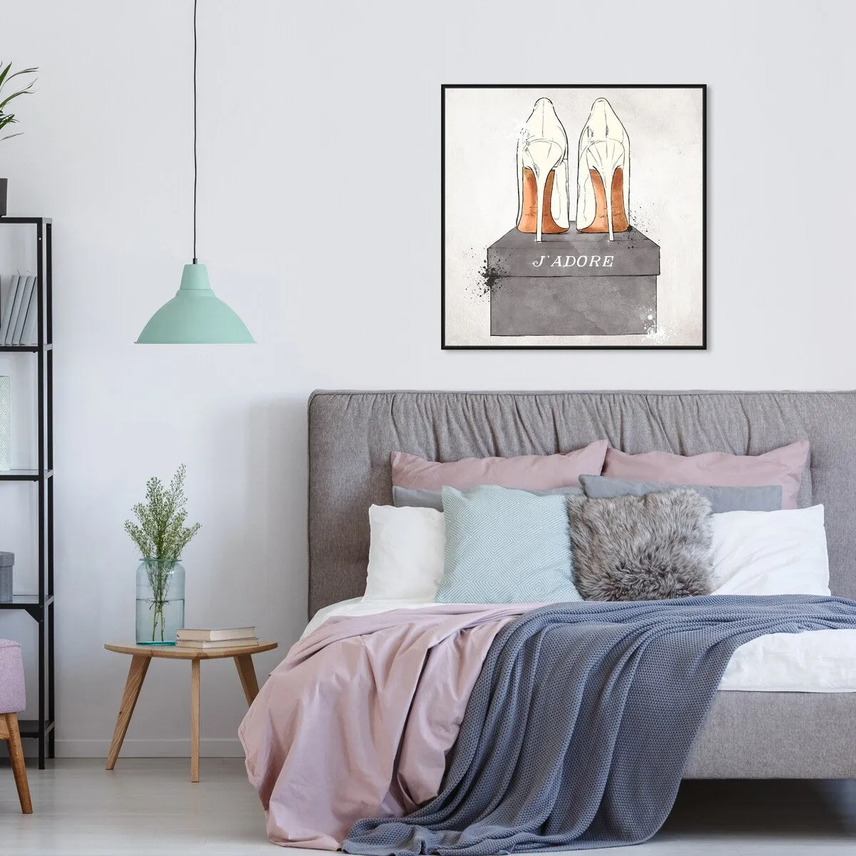"J'Adore Shoes", Glam French Stilettos Modern White Framed Canvas Wall Art Print for Bedroom