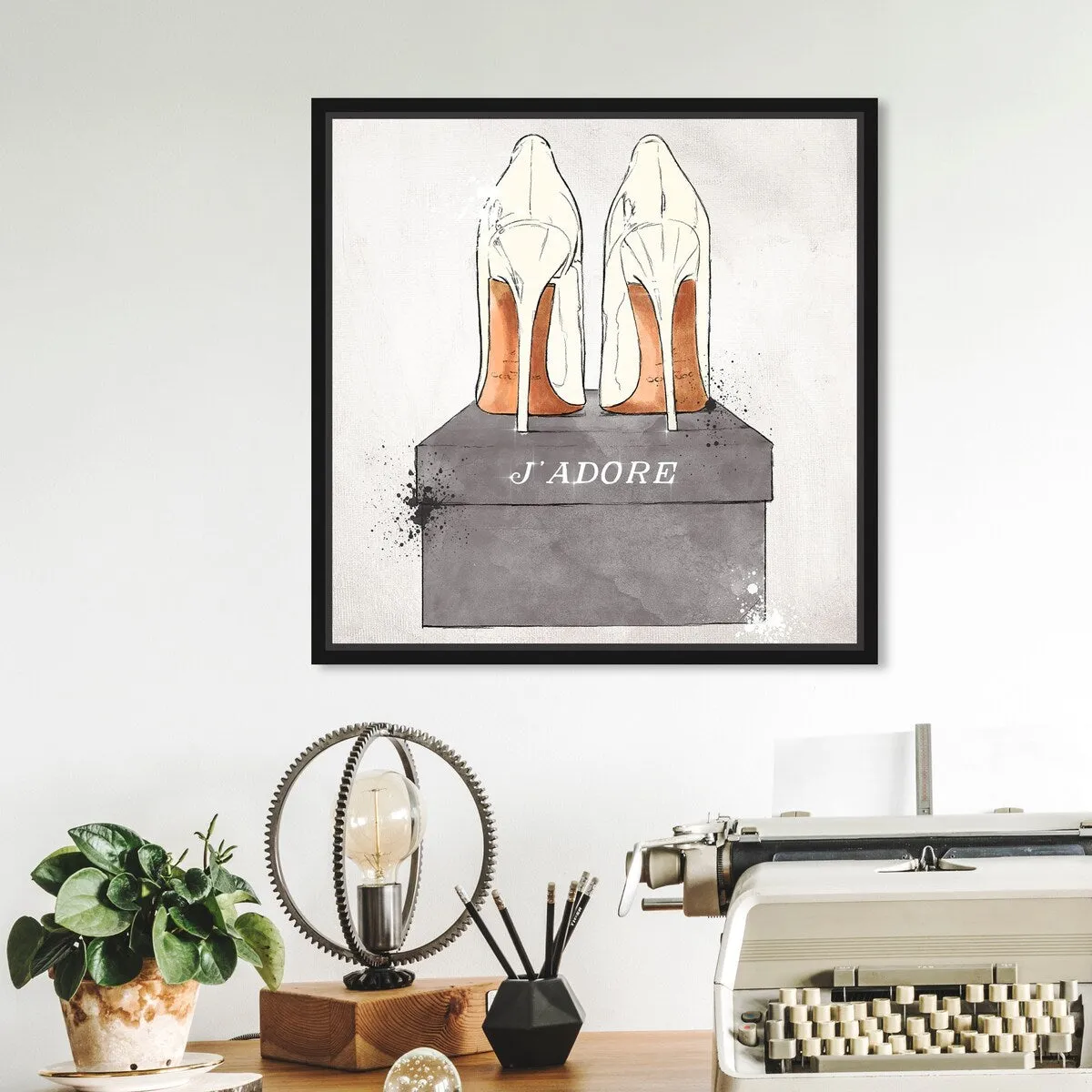 "J'Adore Shoes", Glam French Stilettos Modern White Framed Canvas Wall Art Print for Bedroom