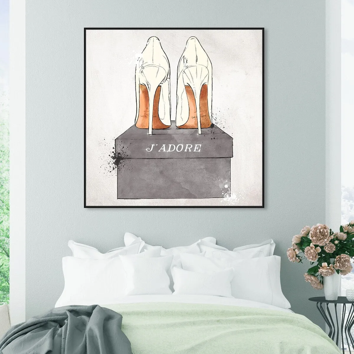 "J'Adore Shoes", Glam French Stilettos Modern White Framed Canvas Wall Art Print for Bedroom