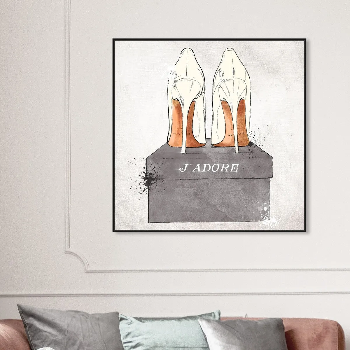 "J'Adore Shoes", Glam French Stilettos Modern White Framed Canvas Wall Art Print for Bedroom