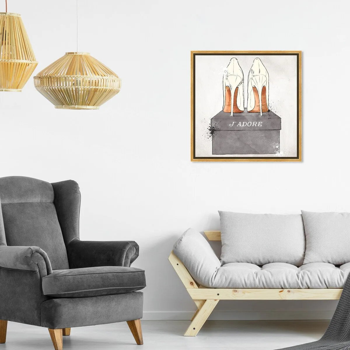 "J'Adore Shoes", Glam French Stilettos Modern White Framed Canvas Wall Art Print for Bedroom