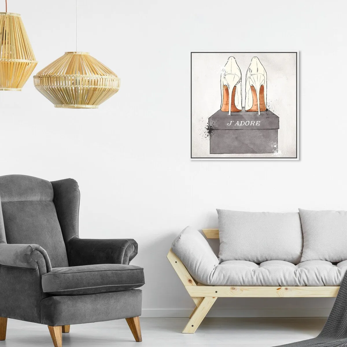 "J'Adore Shoes", Glam French Stilettos Modern White Framed Canvas Wall Art Print for Bedroom