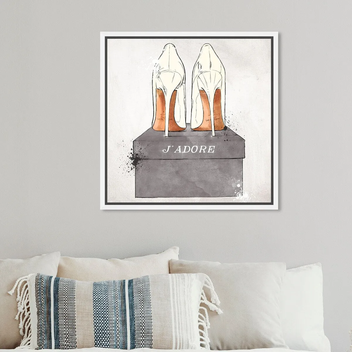 "J'Adore Shoes", Glam French Stilettos Modern White Framed Canvas Wall Art Print for Bedroom