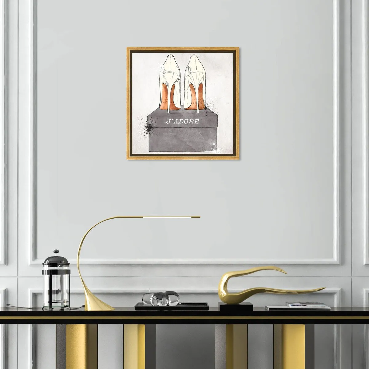 "J'Adore Shoes", Glam French Stilettos Modern White Framed Canvas Wall Art Print for Bedroom