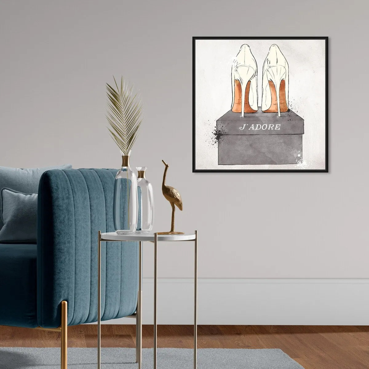 "J'Adore Shoes", Glam French Stilettos Modern White Framed Canvas Wall Art Print for Bedroom