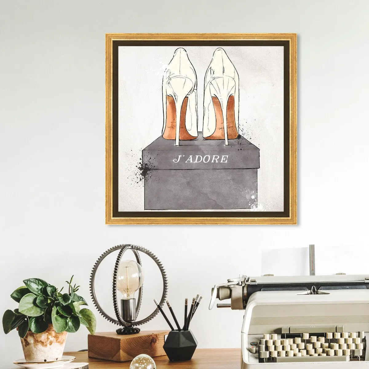 "J'Adore Shoes", Glam French Stilettos Modern White Framed Canvas Wall Art Print for Bedroom