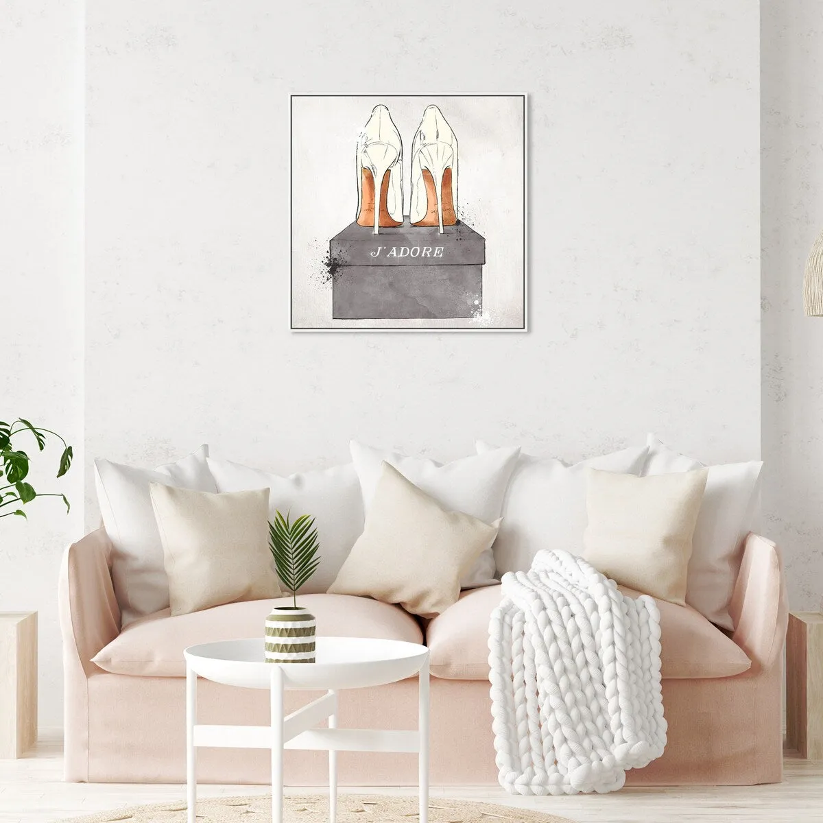 "J'Adore Shoes", Glam French Stilettos Modern White Framed Canvas Wall Art Print for Bedroom