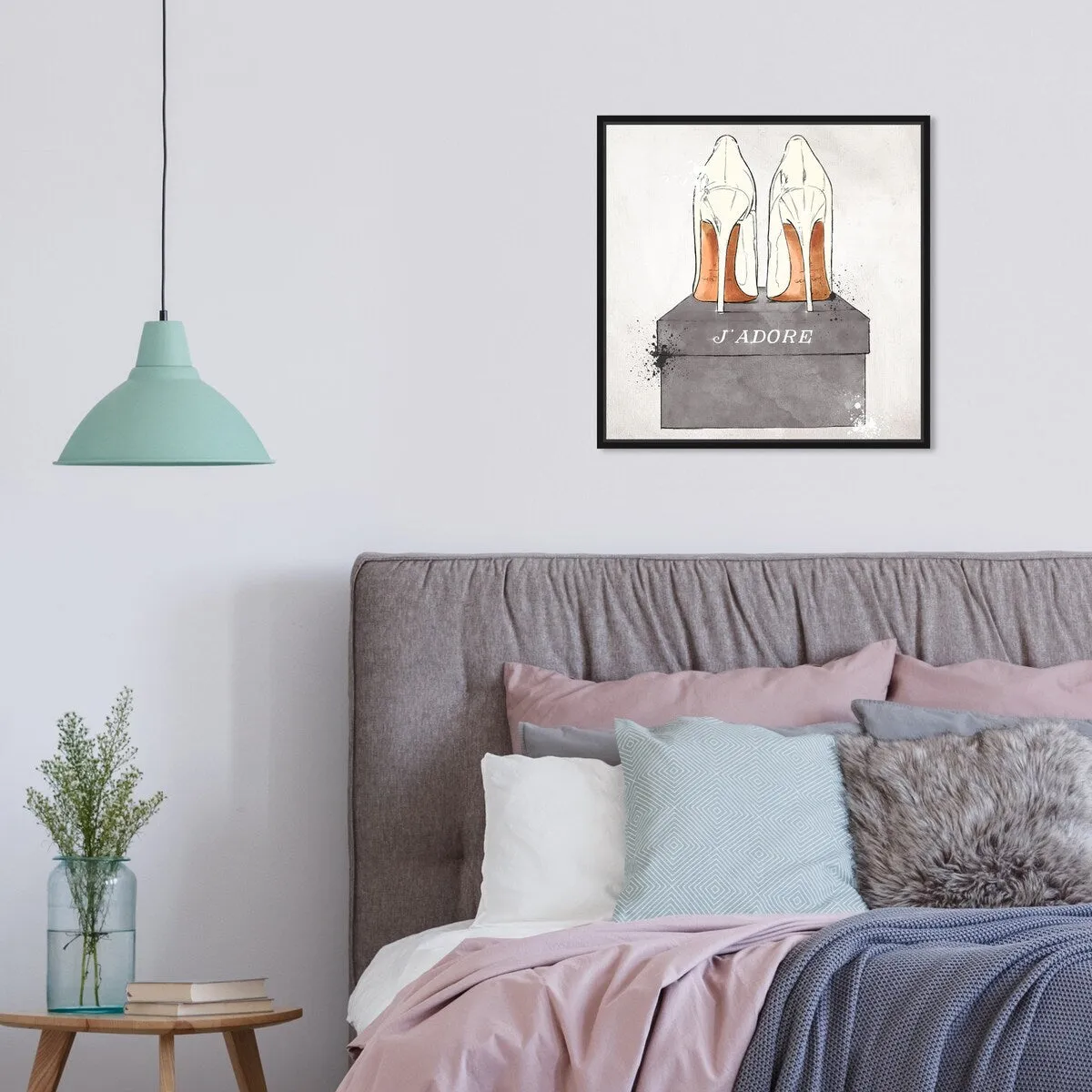 "J'Adore Shoes", Glam French Stilettos Modern White Framed Canvas Wall Art Print for Bedroom
