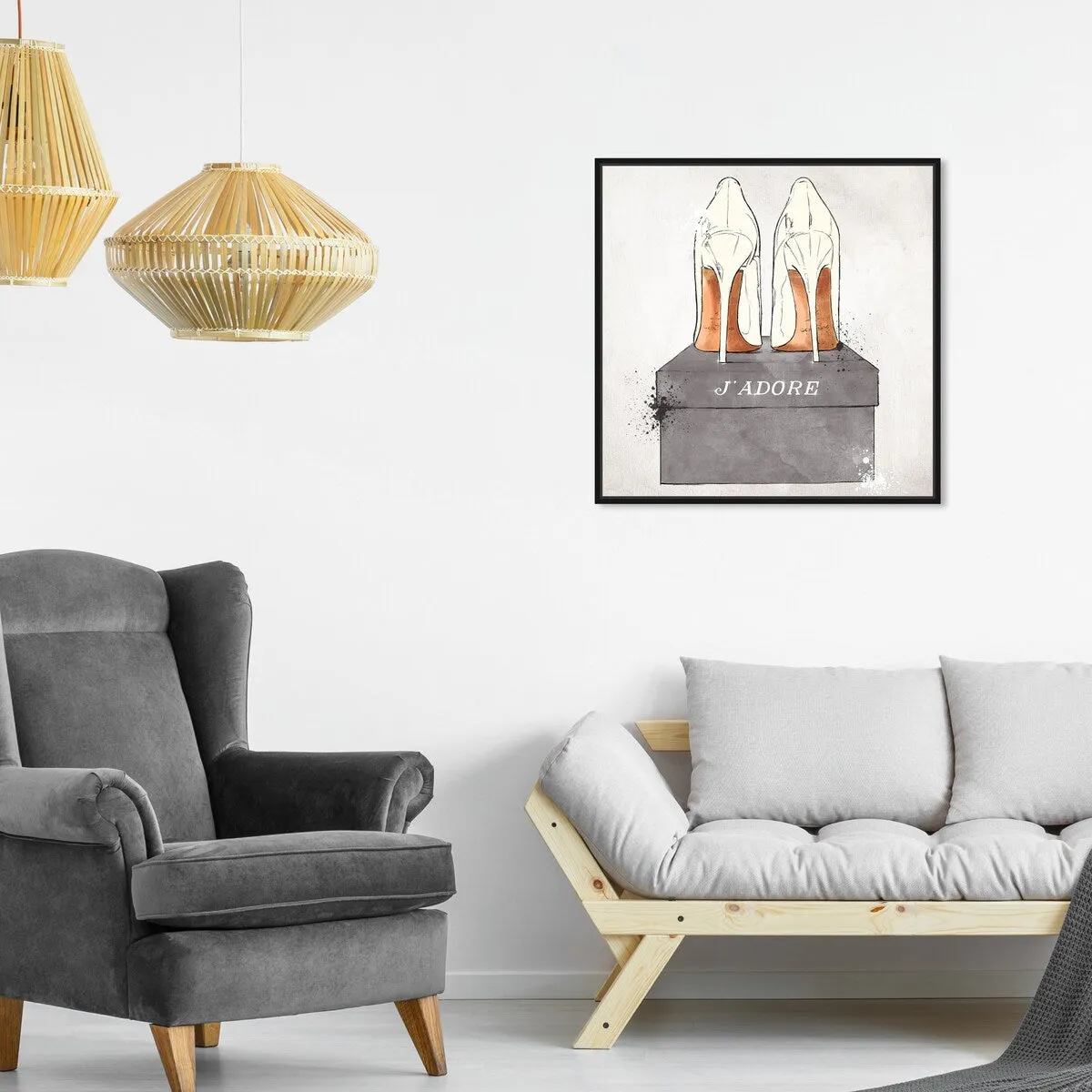 "J'Adore Shoes", Glam French Stilettos Modern White Framed Canvas Wall Art Print for Bedroom