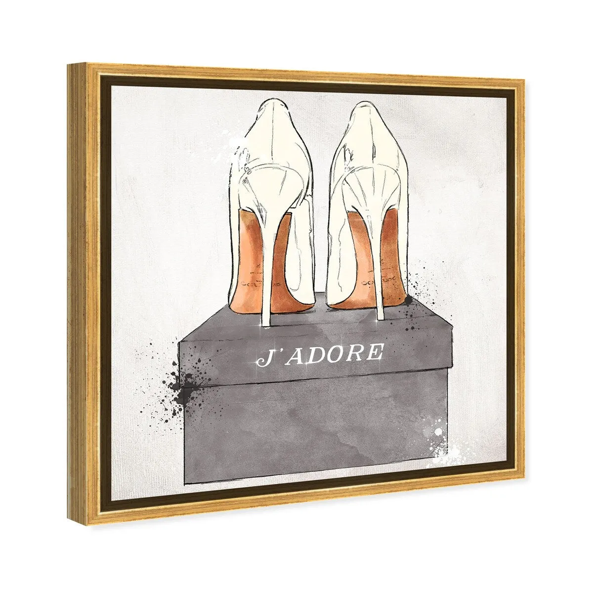 "J'Adore Shoes", Glam French Stilettos Modern White Framed Canvas Wall Art Print for Bedroom