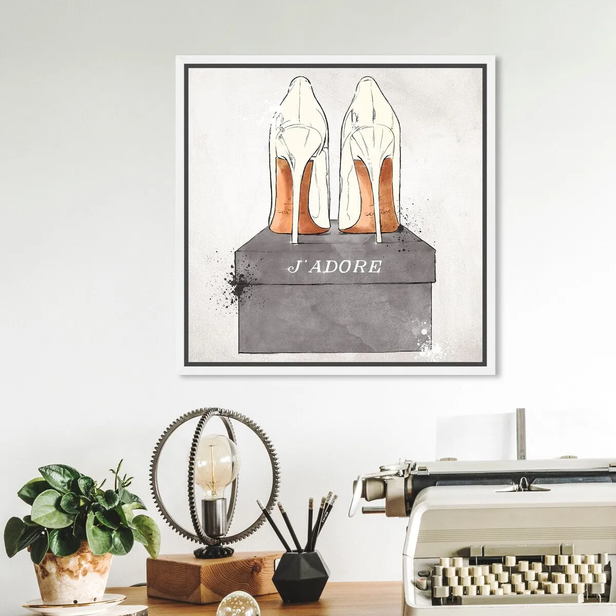 "J'Adore Shoes", Glam French Stilettos Modern White Framed Canvas Wall Art Print for Bedroom
