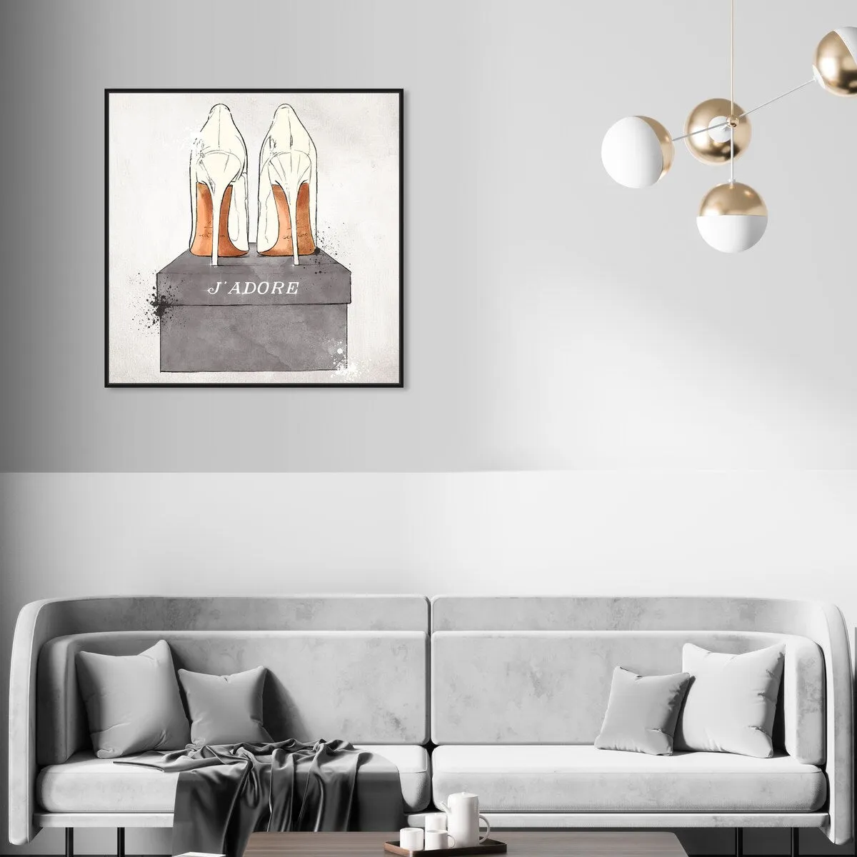 "J'Adore Shoes", Glam French Stilettos Modern White Framed Canvas Wall Art Print for Bedroom