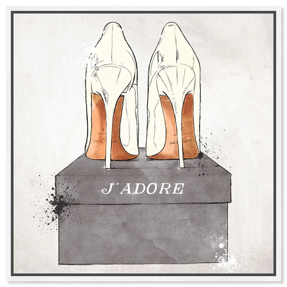"J'Adore Shoes", Glam French Stilettos Modern White Framed Canvas Wall Art Print for Bedroom