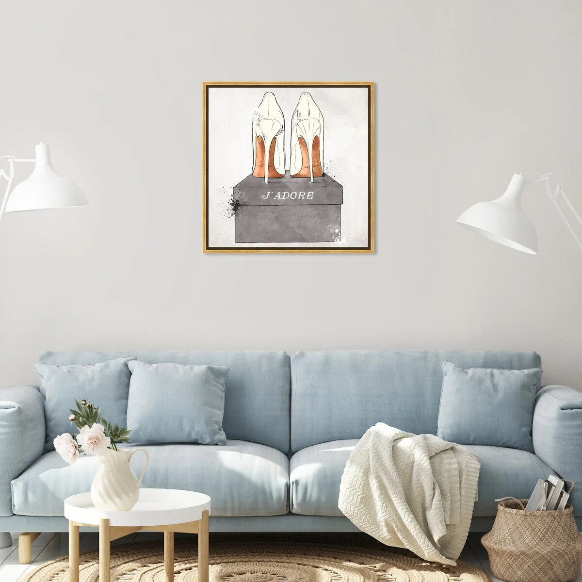 "J'Adore Shoes", Glam French Stilettos Modern White Framed Canvas Wall Art Print for Bedroom