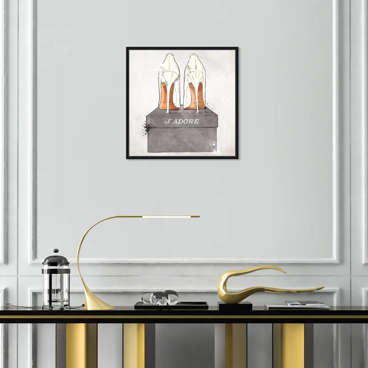 "J'Adore Shoes", Glam French Stilettos Modern White Framed Canvas Wall Art Print for Bedroom
