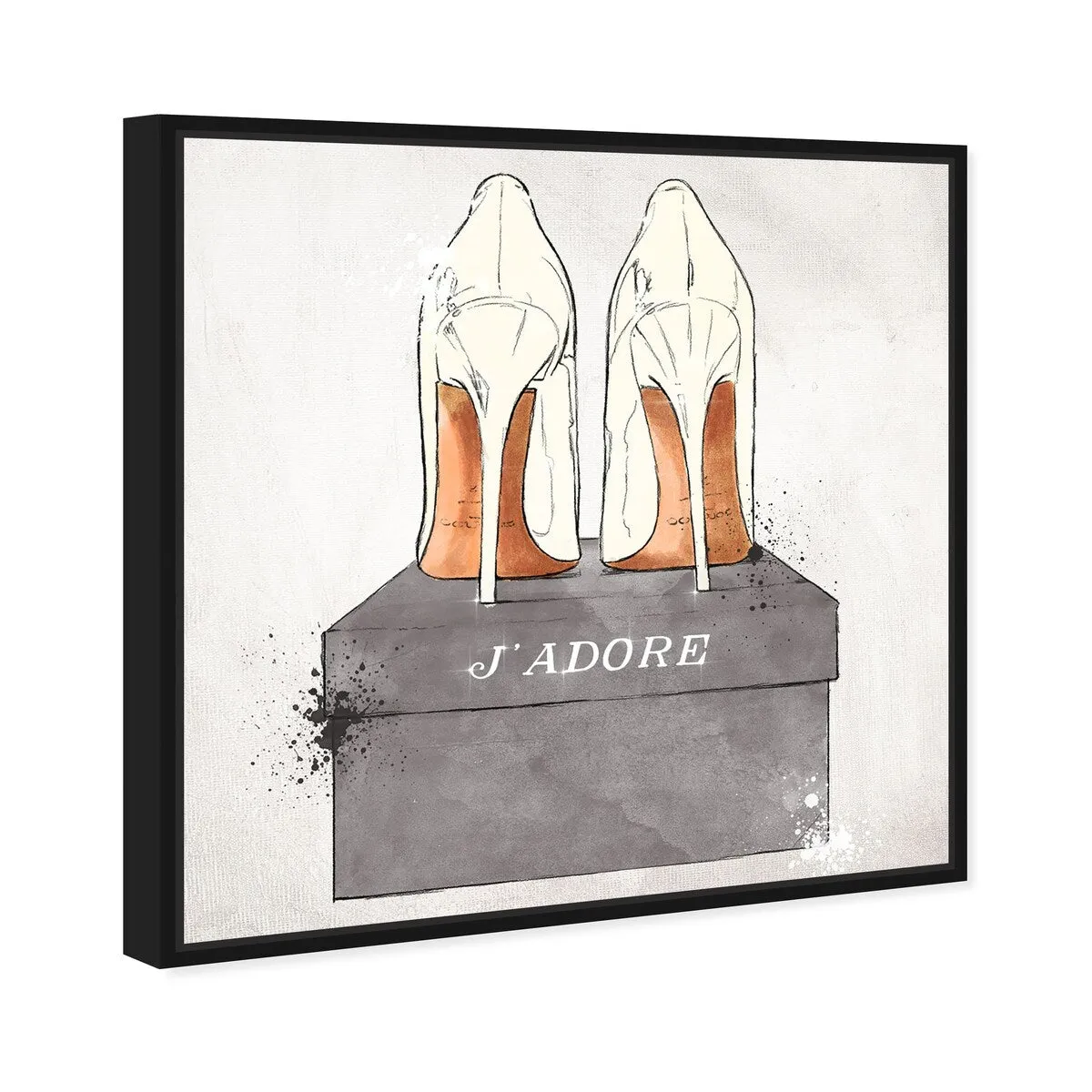 "J'Adore Shoes", Glam French Stilettos Modern White Framed Canvas Wall Art Print for Bedroom