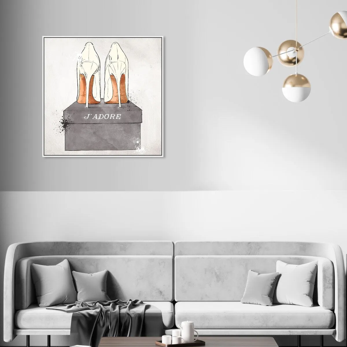 "J'Adore Shoes", Glam French Stilettos Modern White Framed Canvas Wall Art Print for Bedroom