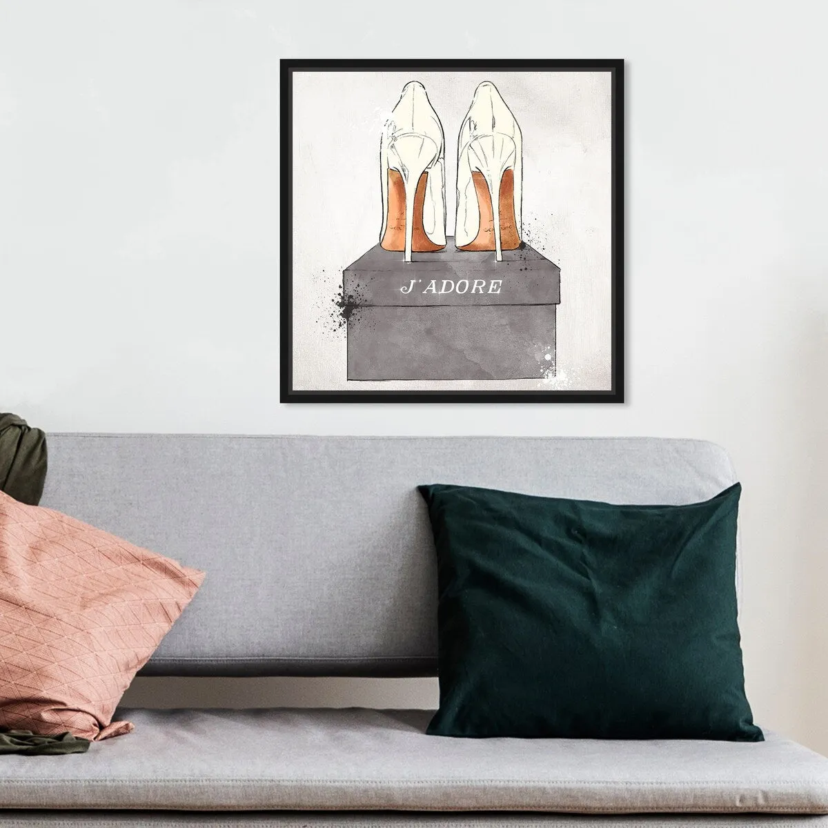 "J'Adore Shoes", Glam French Stilettos Modern White Framed Canvas Wall Art Print for Bedroom