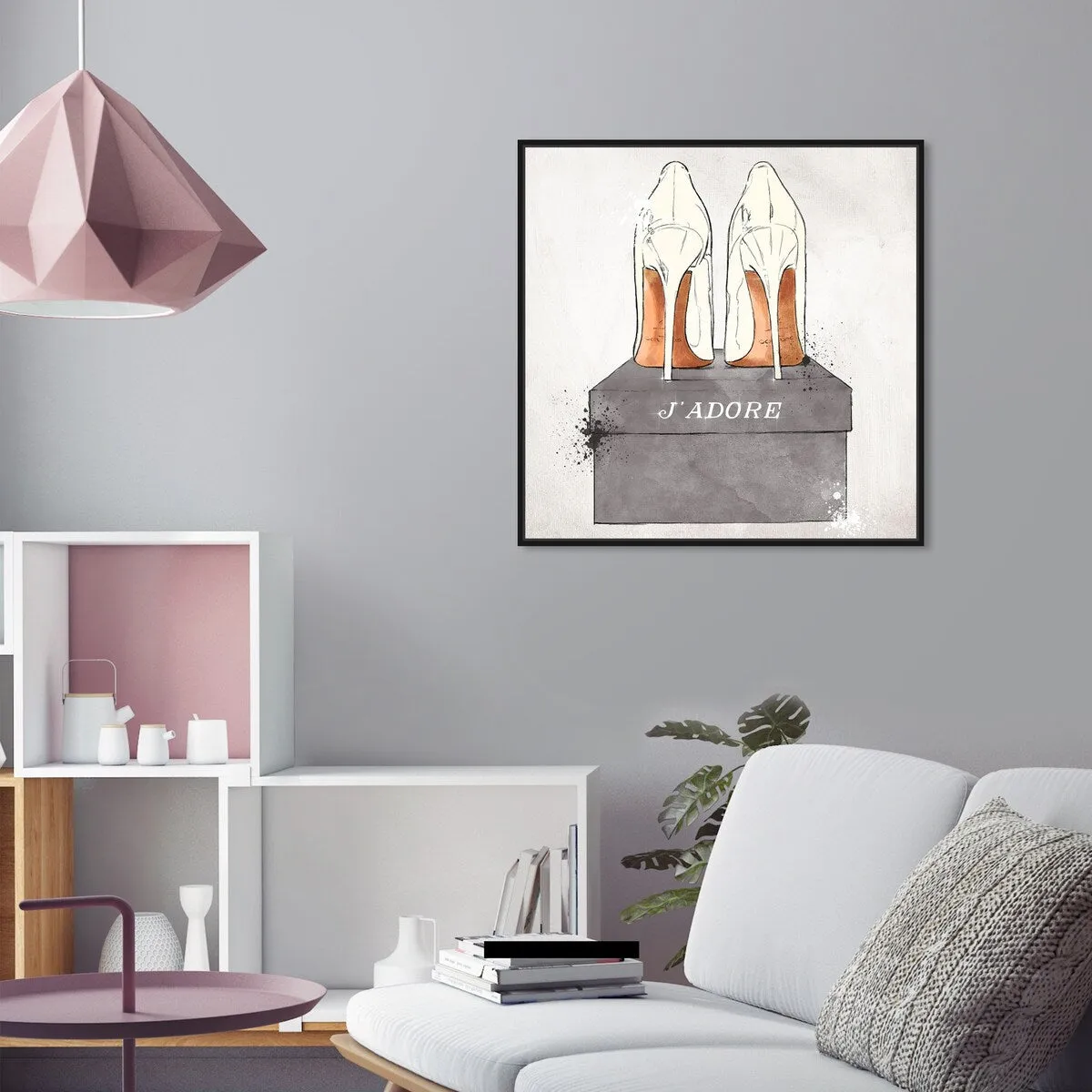 "J'Adore Shoes", Glam French Stilettos Modern White Framed Canvas Wall Art Print for Bedroom
