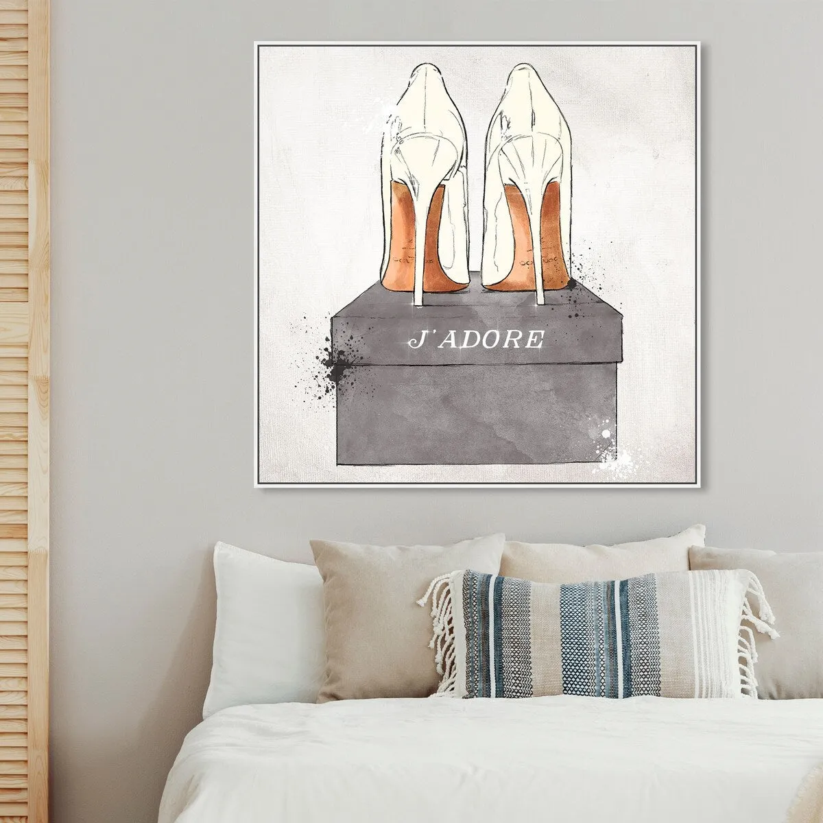 "J'Adore Shoes", Glam French Stilettos Modern White Framed Canvas Wall Art Print for Bedroom