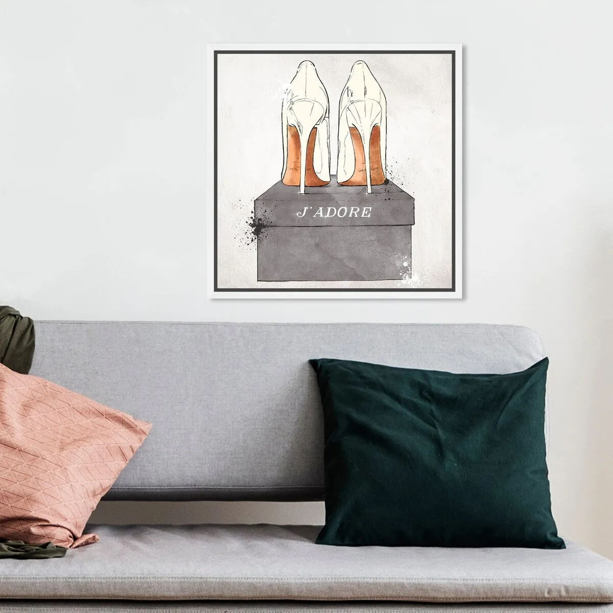 "J'Adore Shoes", Glam French Stilettos Modern White Framed Canvas Wall Art Print for Bedroom