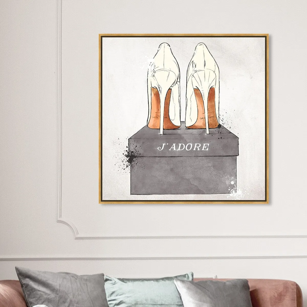 "J'Adore Shoes", Glam French Stilettos Modern White Framed Canvas Wall Art Print for Bedroom