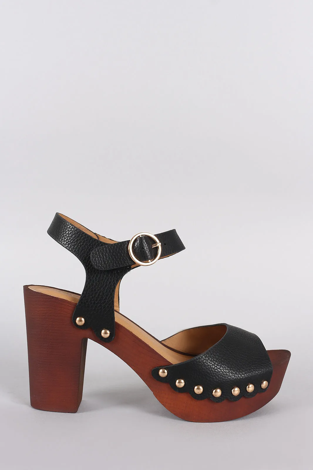 Qupid Peep Toe Studded Faux Wooden Chunky Platform Heel