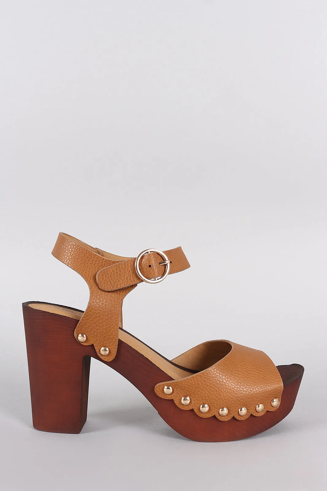 Qupid Peep Toe Studded Faux Wooden Chunky Platform Heel