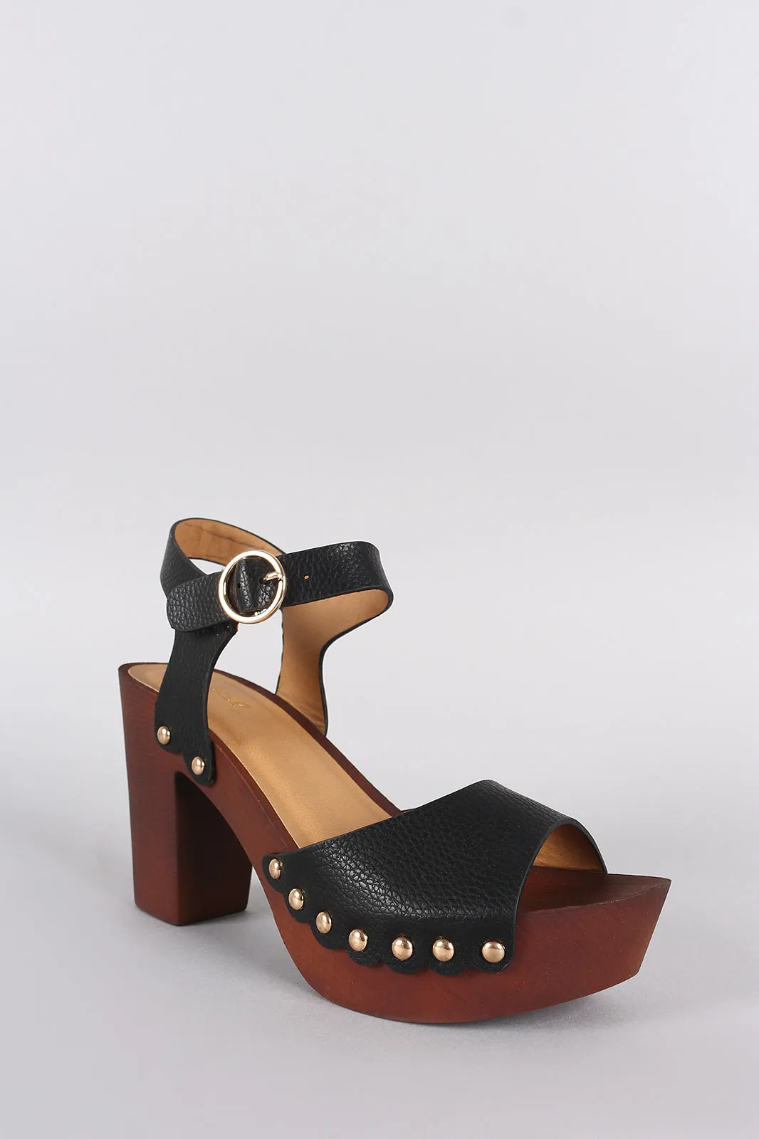 Qupid Peep Toe Studded Faux Wooden Chunky Platform Heel