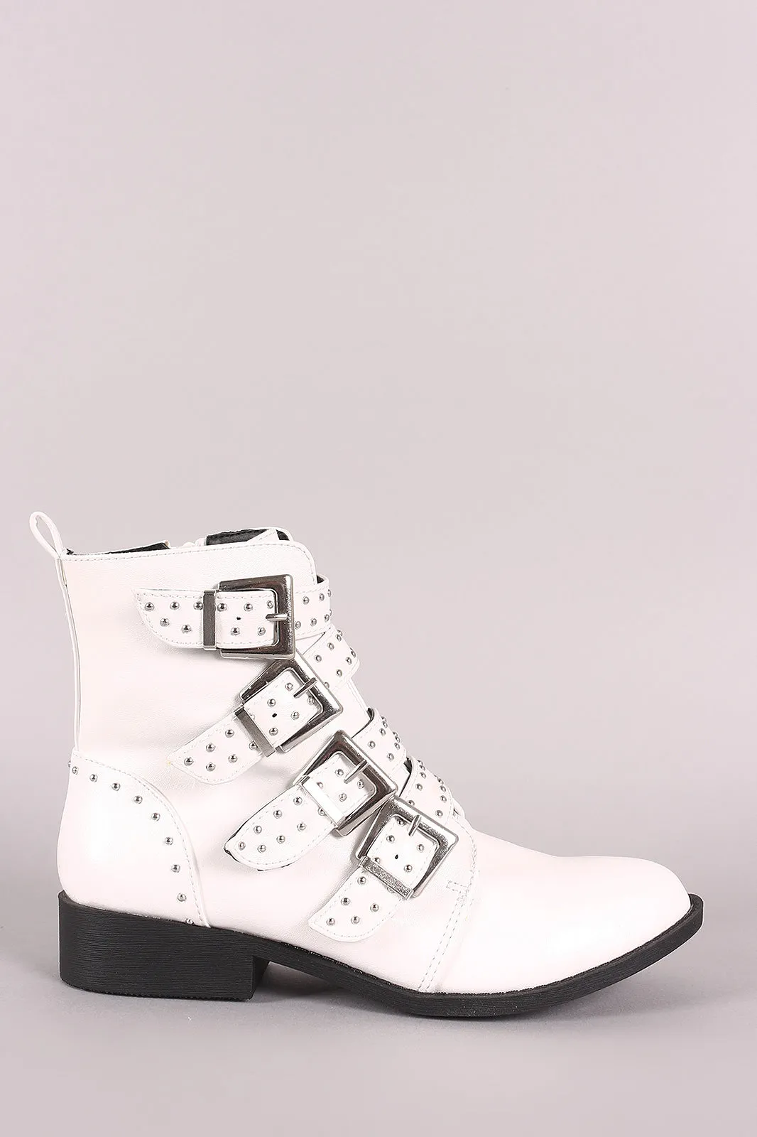 Qupid Studded Buckled Strap Moto Ankle Boots