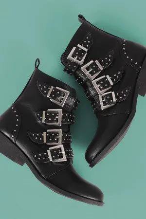 Qupid Studded Buckled Strap Moto Ankle Boots