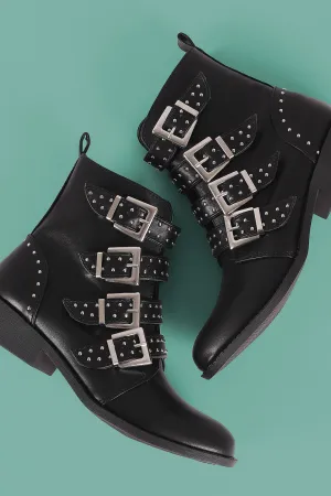 Qupid Studded Buckled Strap Moto Ankle Boots