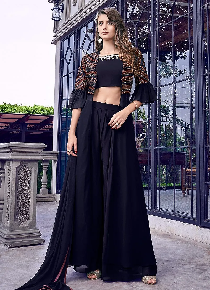 Ravishing Black Fancy Georgette Top Jacket Style Palazzo Suit