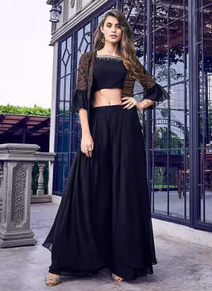 Ravishing Black Fancy Georgette Top Jacket Style Palazzo Suit