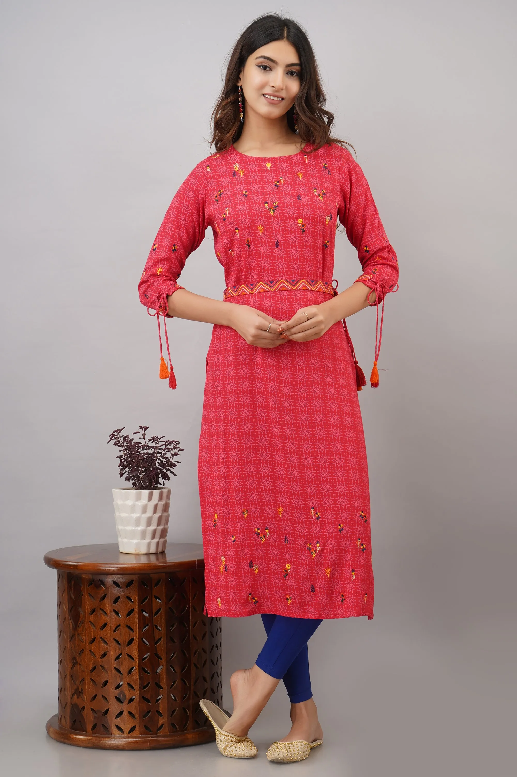 Rayon Straight Red Color Womens Kurta