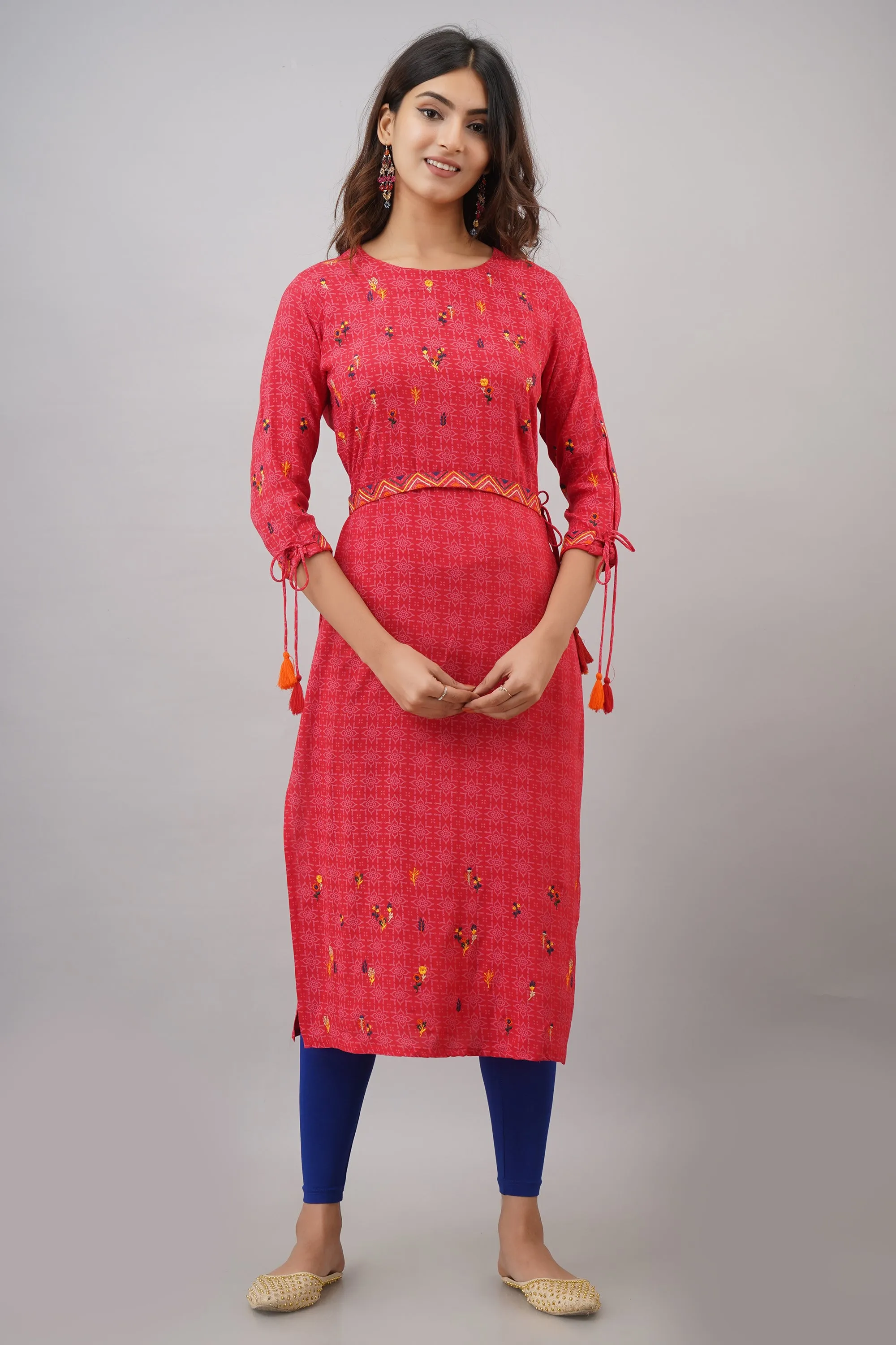 Rayon Straight Red Color Womens Kurta