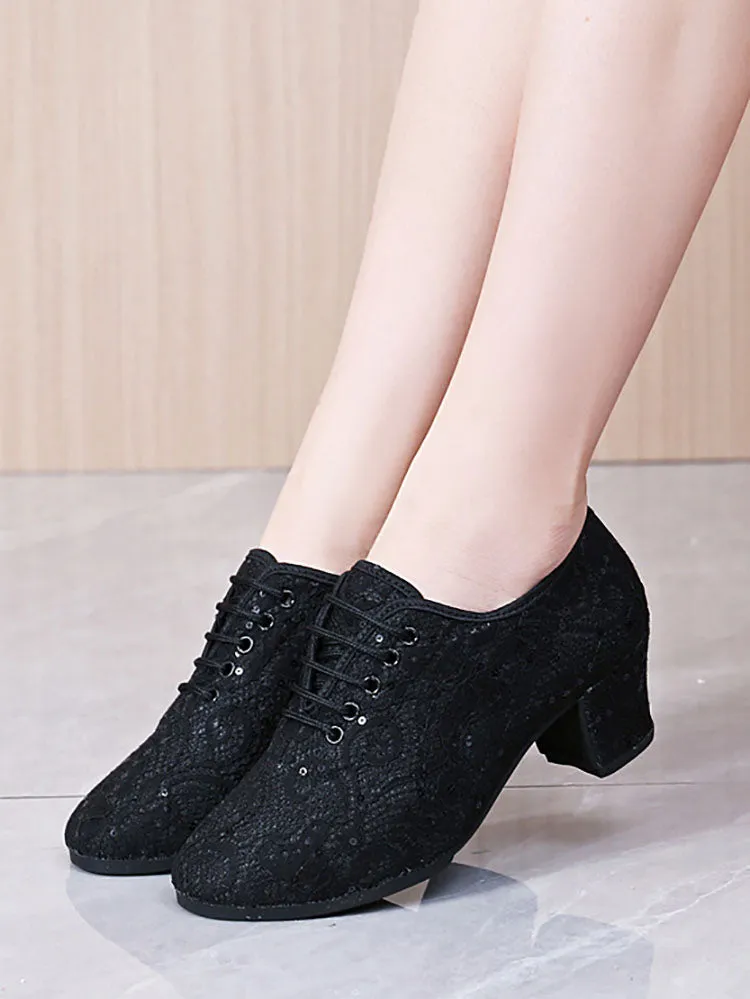 Sequin Mesh Modern Dance Shoes Mid Heel Moccasins
