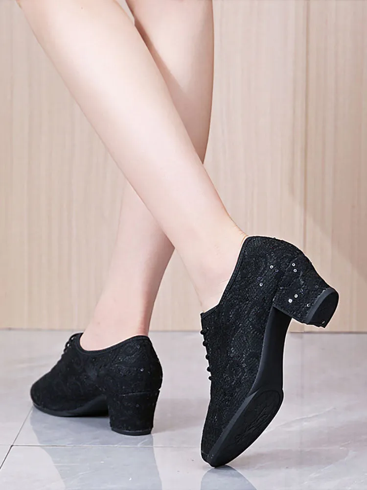 Sequin Mesh Modern Dance Shoes Mid Heel Moccasins