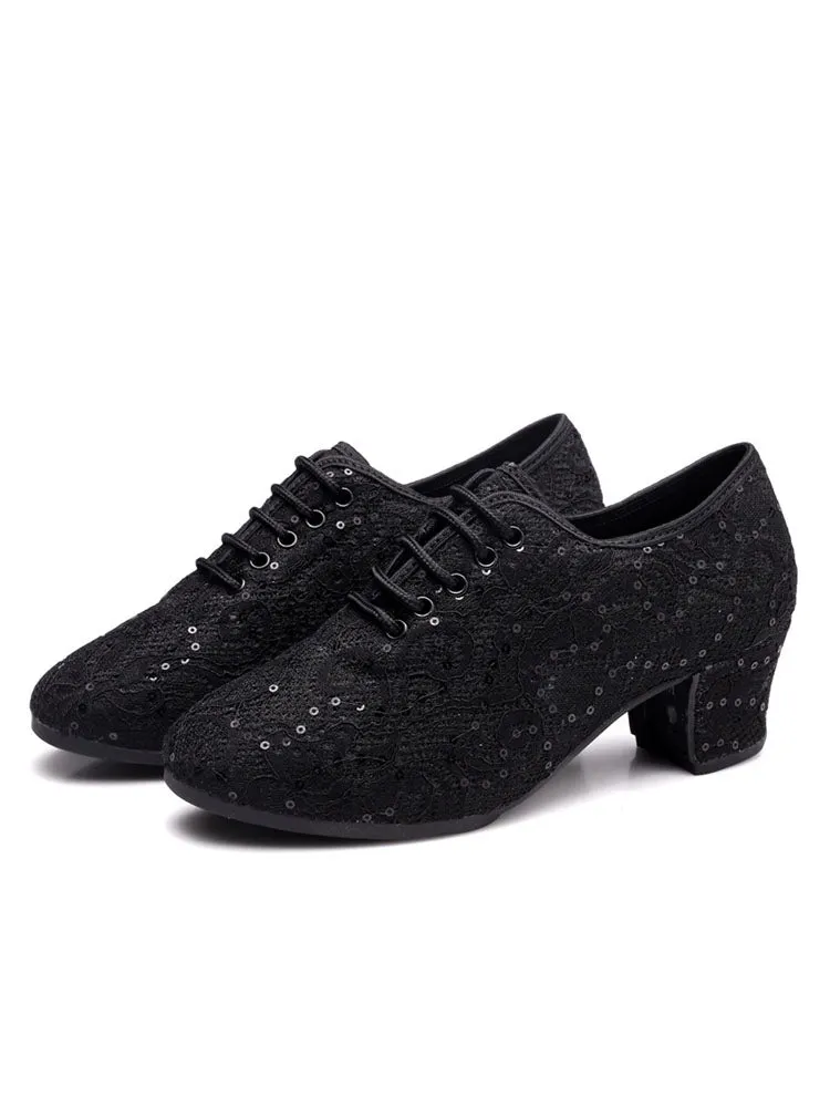 Sequin Mesh Modern Dance Shoes Mid Heel Moccasins