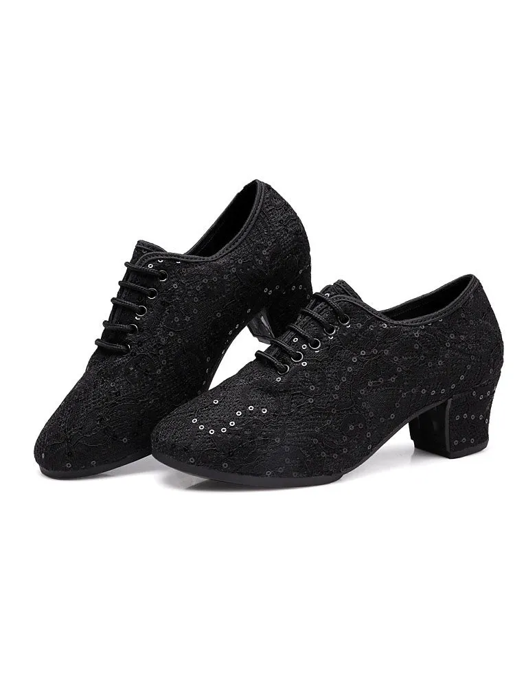 Sequin Mesh Modern Dance Shoes Mid Heel Moccasins