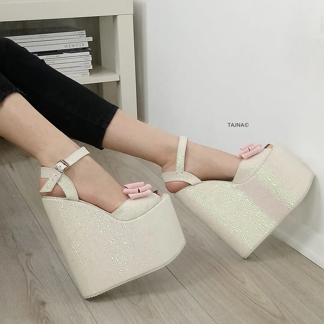 Shiny White Ribbon Wedge Bridal Shoes