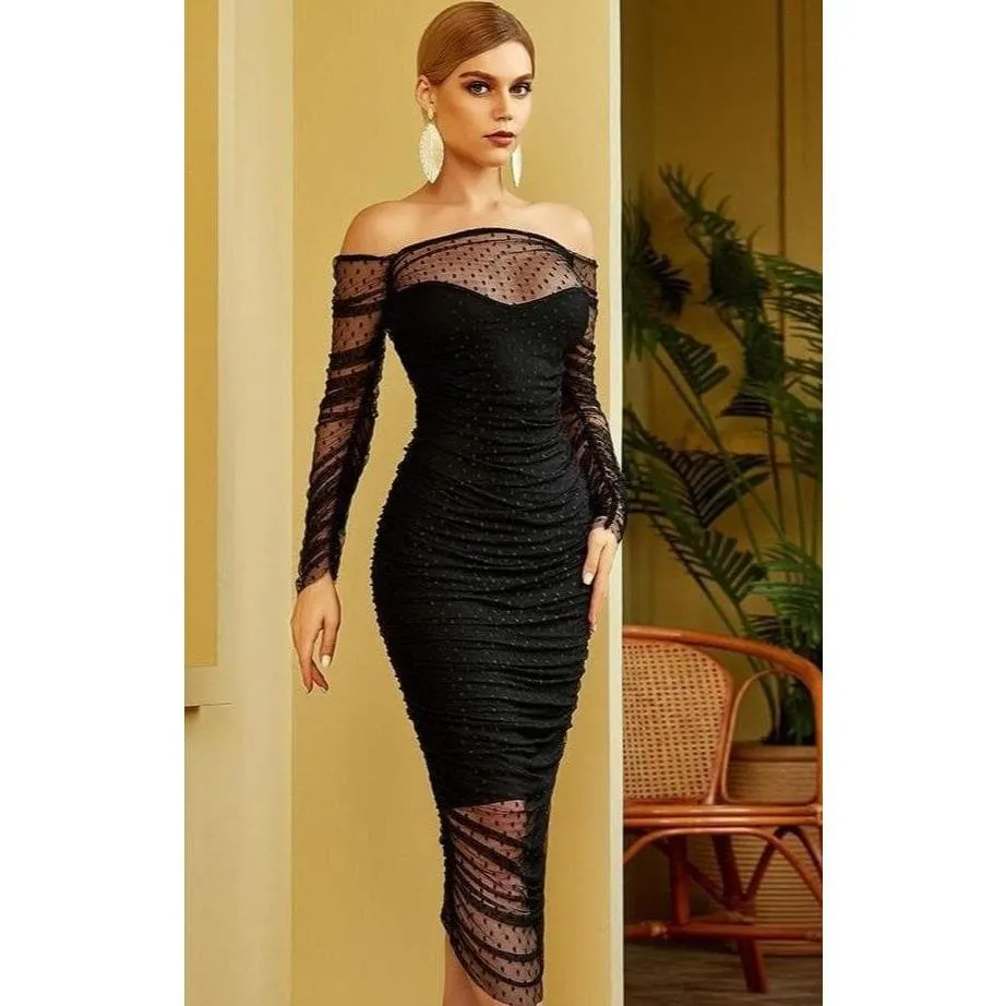 Slash Neck Lace Midi Bodycon Dress
