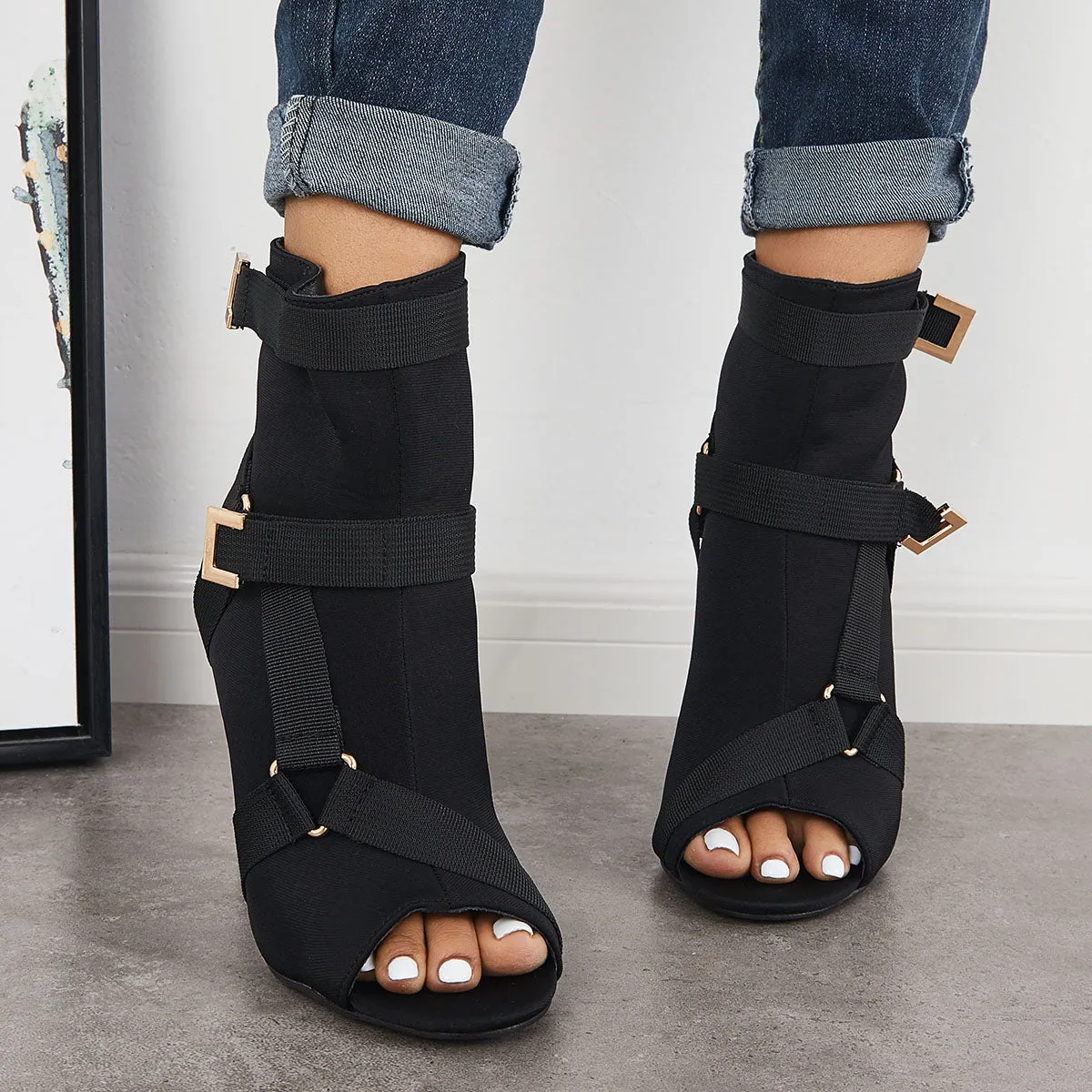 Sohiwoo Peep Toe Stiletto High Heels Back Zipper Ankle Boots