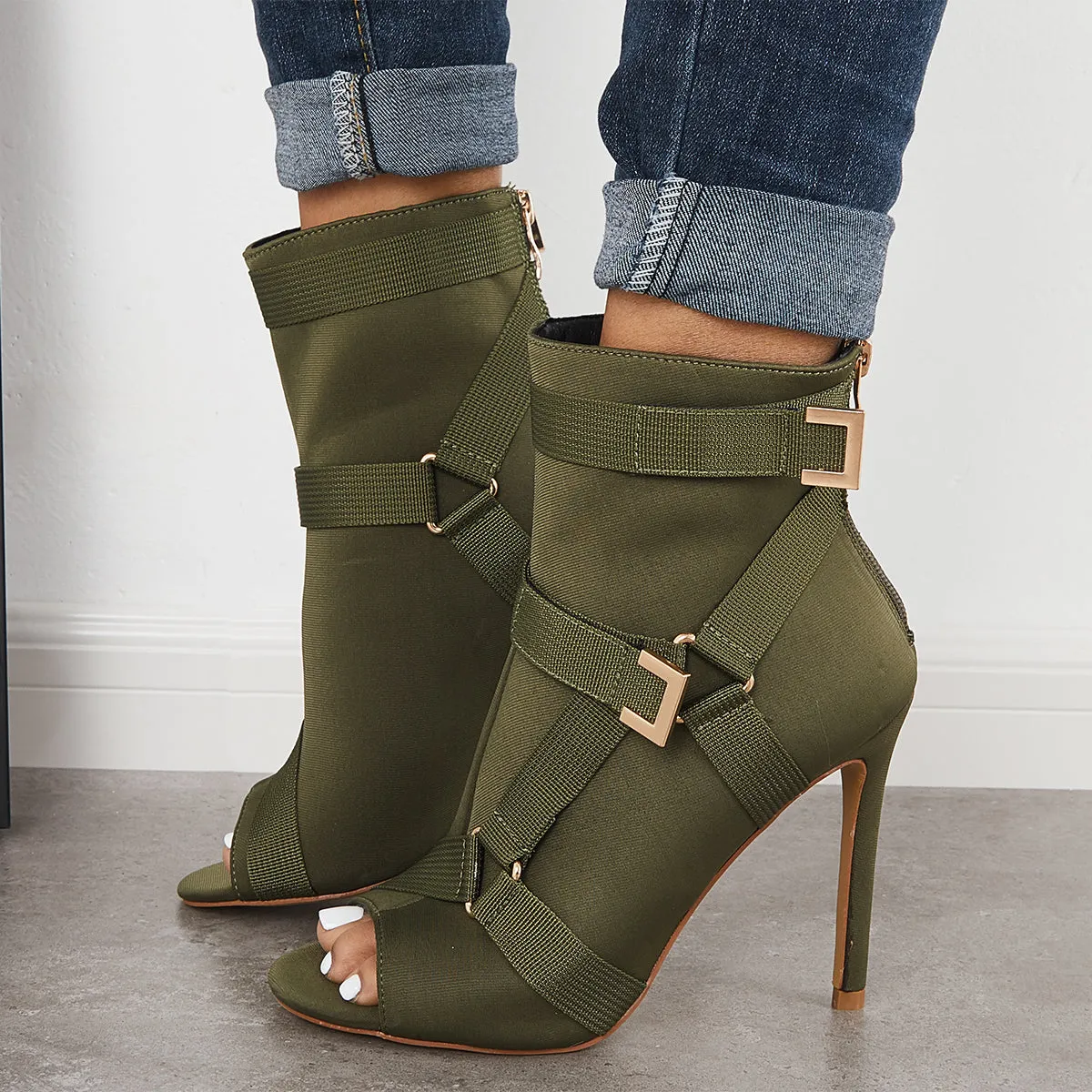 Sohiwoo Peep Toe Stiletto High Heels Back Zipper Ankle Boots