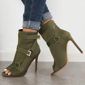 Sohiwoo Peep Toe Stiletto High Heels Back Zipper Ankle Boots