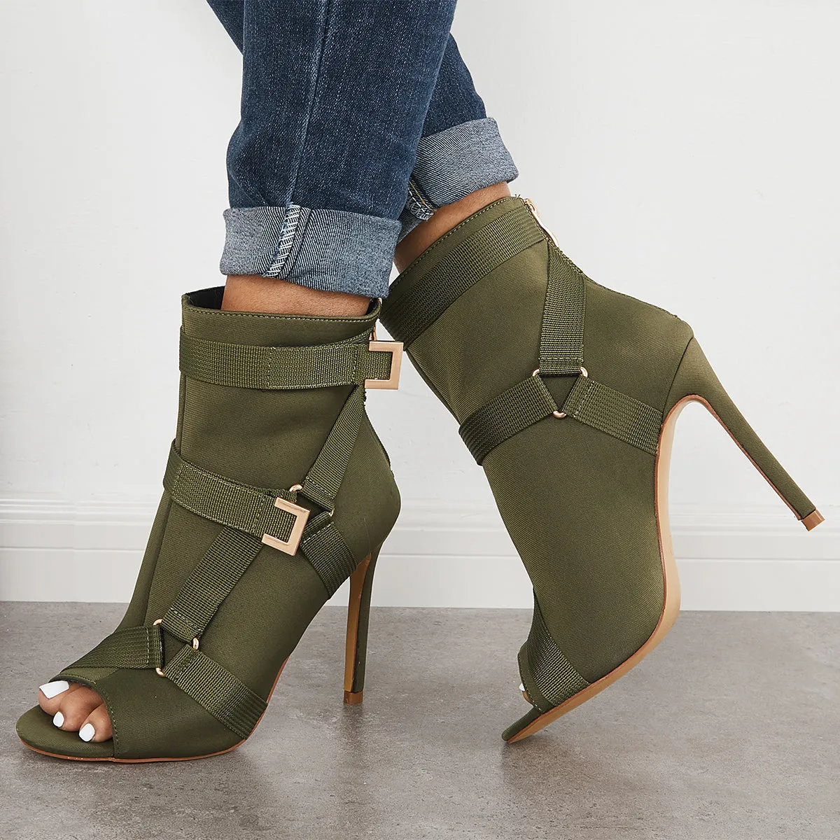 Sohiwoo Peep Toe Stiletto High Heels Back Zipper Ankle Boots
